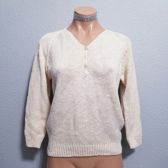 Vintage 80's retro glam cream neutral v neck granny core sweater MEDIUM - Picture 1 of 6
